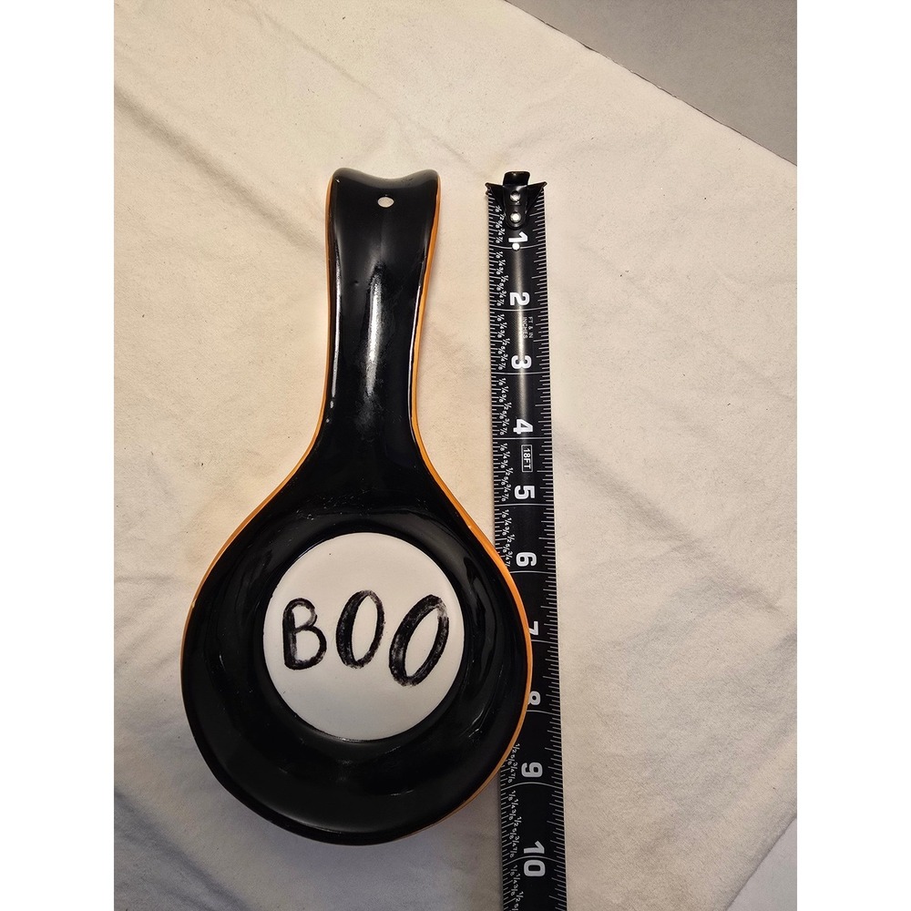 Terramoto Ceramic Halloween Boo Spoon Rest Black Orange White Glossy 9.5 Inch